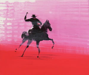 Red and pink figurative cowboy painting, 'Lobby' 2003 / Susie Hamilton. Limited edition print.